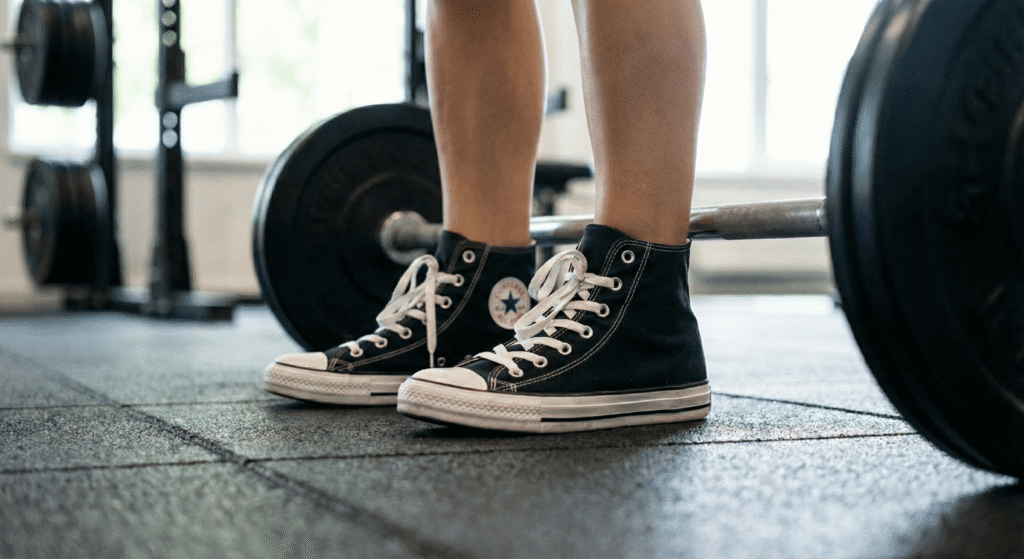 A imagem mostra como deve ser o tênis certo para treinos de musculação