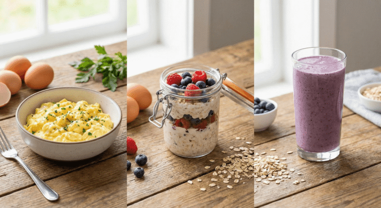 Mesa com três opções de café da manhã proteico: ovos mexidos, overnight oats e smoothie.