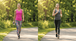 Comparação visual de uma mulher fazendo caminhada rápida e outra correndo no parque para ilustrar qual emagrece mais.