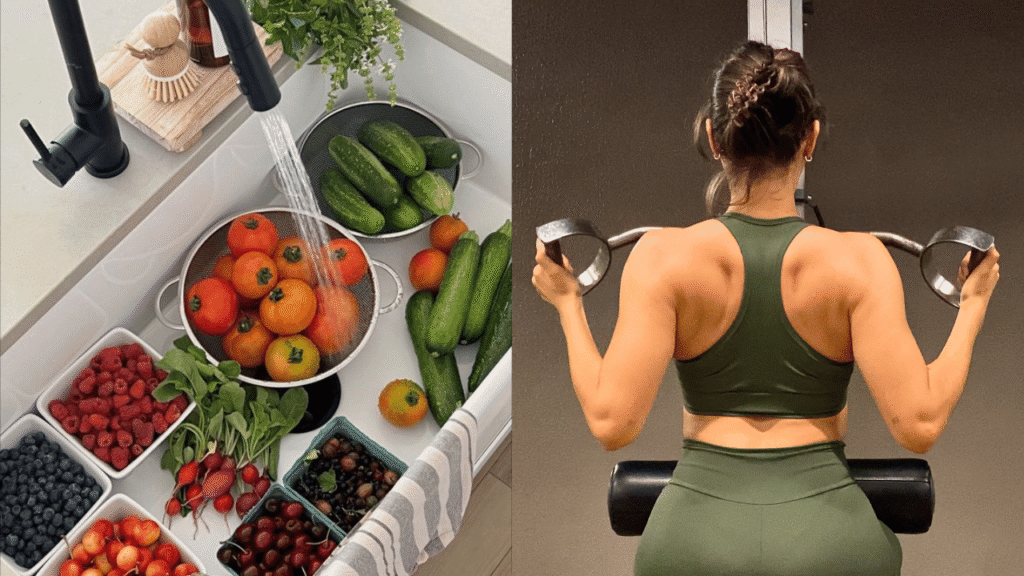 Montagem com alimentos saudáveis sendo lavados na pia e mulher treinando costas na academia, representando a combinação de alimentação e exercícios físicos.