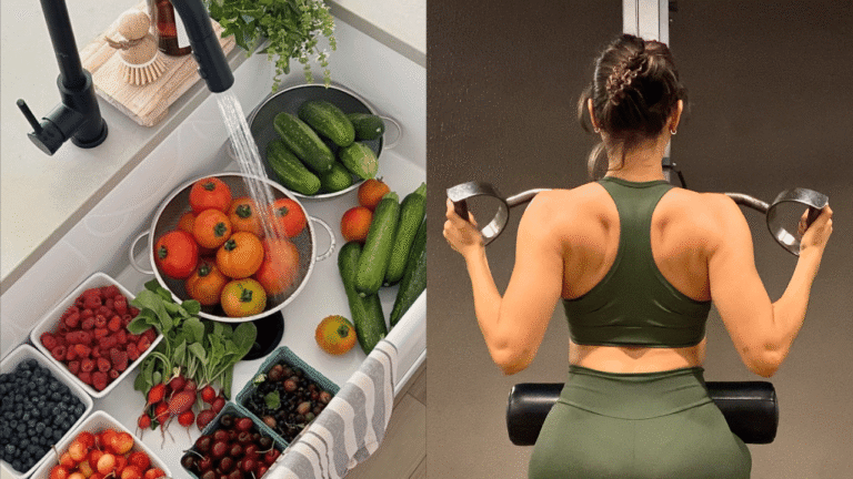 Montagem com alimentos saudáveis sendo lavados na pia e mulher treinando costas na academia, representando a combinação de alimentação e exercícios físicos.