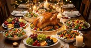 Mesa de ceia de Natal saudável com peru e saladas para não engordar nas festas de fim de ano.