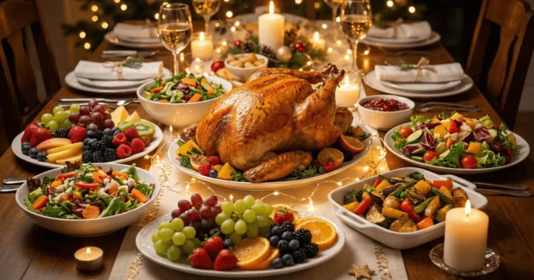 Mesa de ceia de Natal saudável com peru e saladas para não engordar nas festas de fim de ano.