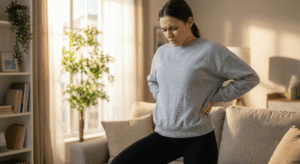 Mulher em pé com as mãos na lombar com dor muscular pós-treino no dia seguinte.