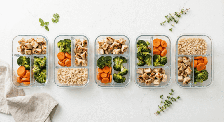 5 marmitas da semana organizadas na bancada com frango, brócolis e arroz integral.