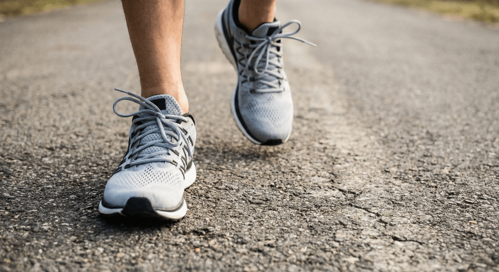 Close-up dos pés com tênis de corrida alternando entre o movimento de caminhada e trote no asfalto.