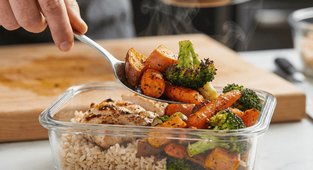 Colocando legumes assados na marmita de vidro durante a montagem das refeições.