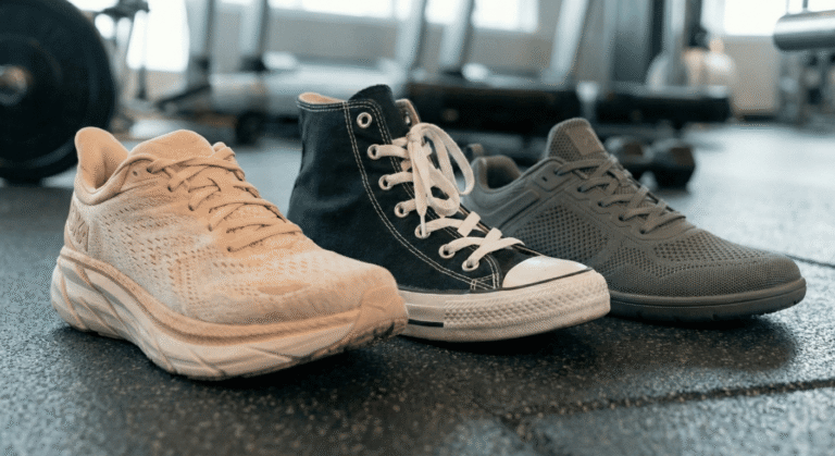 A foto mostra cada tênis certo para cada treino: HIIT/corrida, força e versátil.