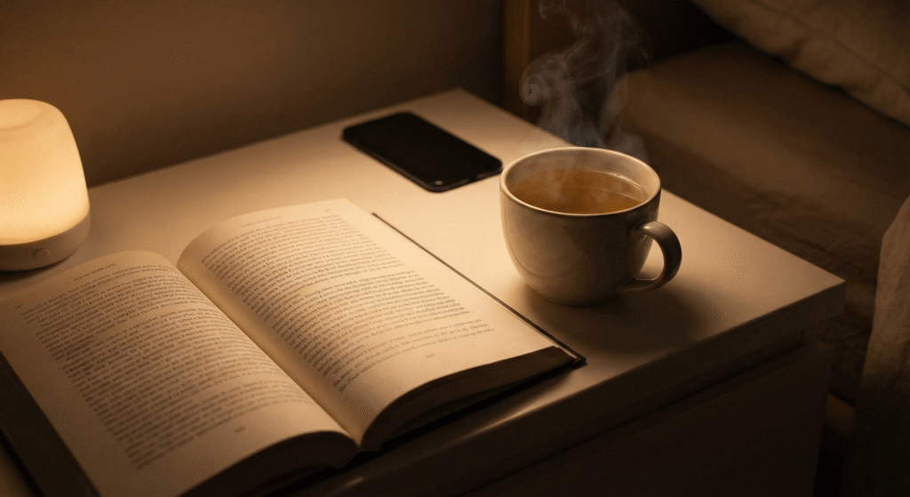 Mesa de cabeceira com livro, chá e celular longe, representando o ritual noturno de higiene do sono.