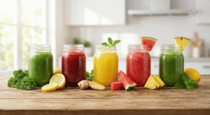 Cinco copos de vidro com sucos detox coloridos (verde, vermelho, amarelo) alinhados sobre uma mesa de madeira rústica, com ingredientes frescos como couve, limão e gengibre espalhados ao redor, sob luz natural.