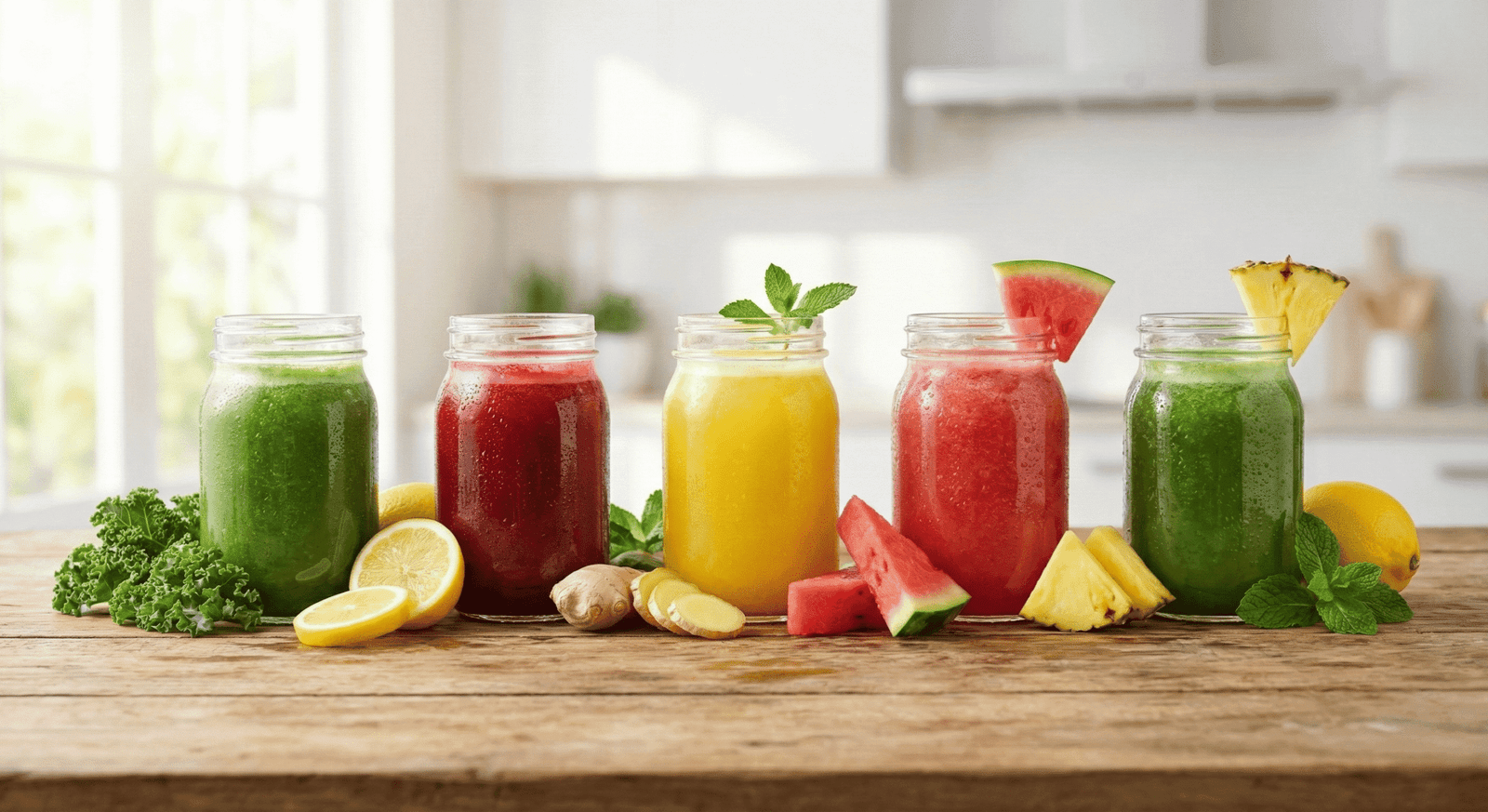 Cinco copos de vidro com sucos detox coloridos (verde, vermelho, amarelo) alinhados sobre uma mesa de madeira rústica, com ingredientes frescos como couve, limão e gengibre espalhados ao redor, sob luz natural.
