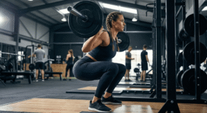 Mulher fitness executando o agachamento perfeito com barra na academia, mostrando a amplitude correta.