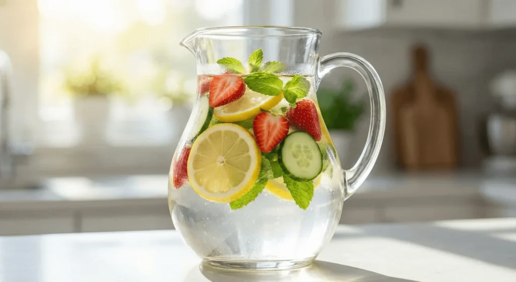 Jarra de vidro com água saborizada com frutas e hortelã para quem não gosta de beber água.