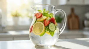 Jarra de vidro com água saborizada com frutas e hortelã para quem não gosta de beber água.