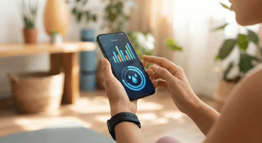 Mão segurando celular com aplicativo de monitoramento de passos e água aberto.