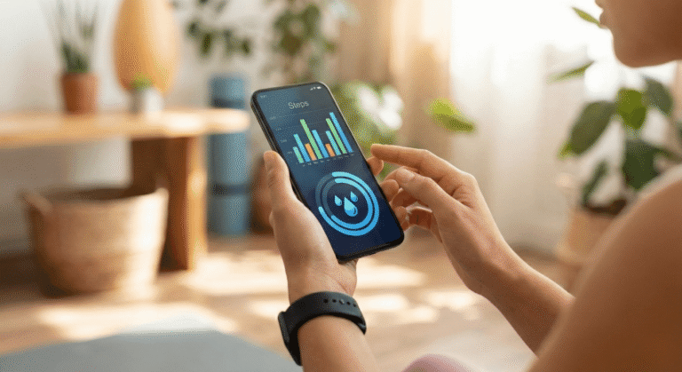 Mão segurando celular com aplicativo de monitoramento de passos e água aberto.