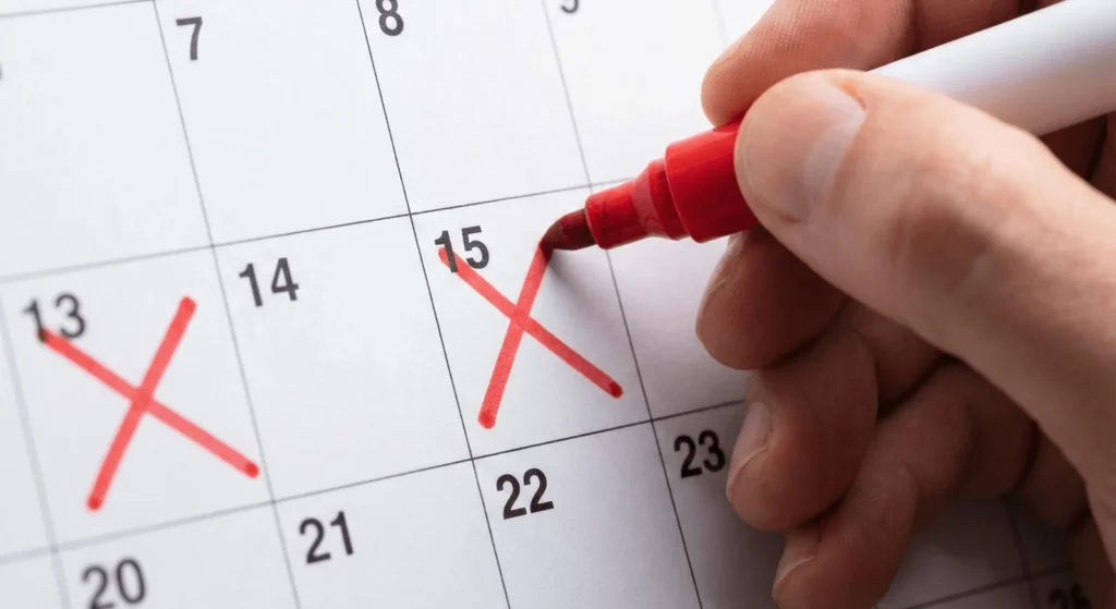Mão marcando um X no calendário após ter pulado o dia anterior, ilustrando a Regra dos 2 Dias.