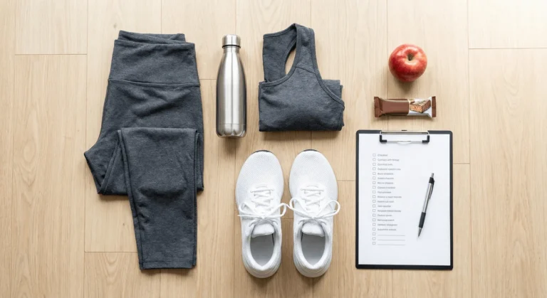 Kit de organização de rotina fitness com roupas de ginástica, tênis, garrafa de água e um checklist sobre o chão, visto de cima.