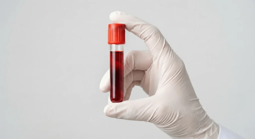 Mão com luva branca segurando um tubo de coleta de sangue com tampa vermelha contra um fundo branco.