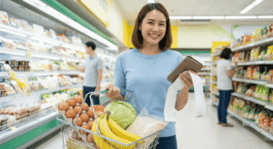Mulher sorrindo no supermercado com cesta de alimentos saudáveis e baratos.