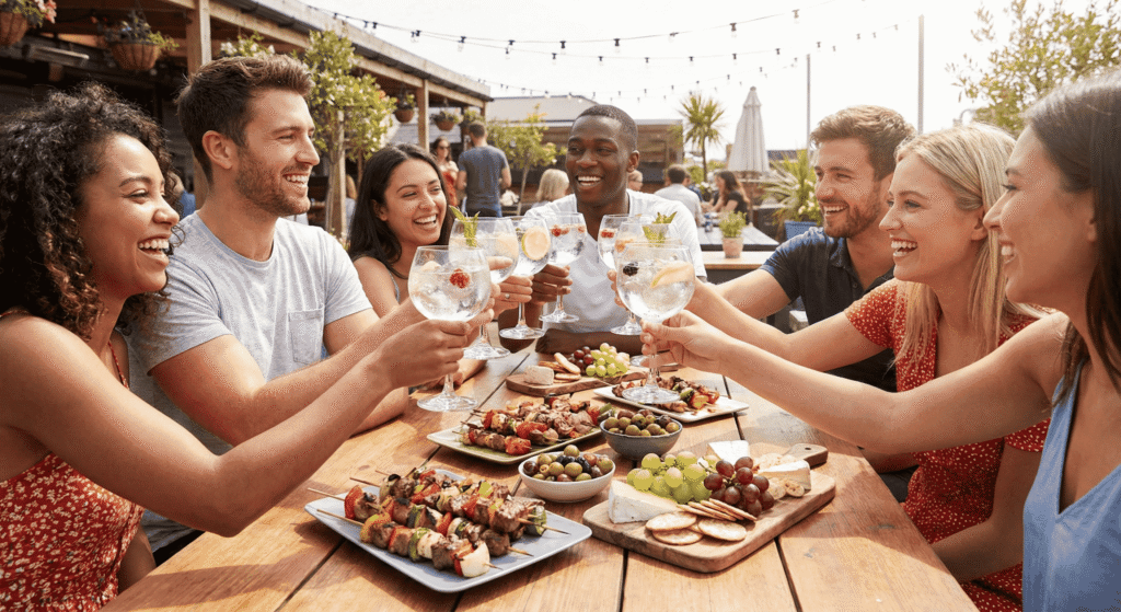 Grupo de amigos brindando em um happy hour com opções de petiscos saudáveis na mesa.