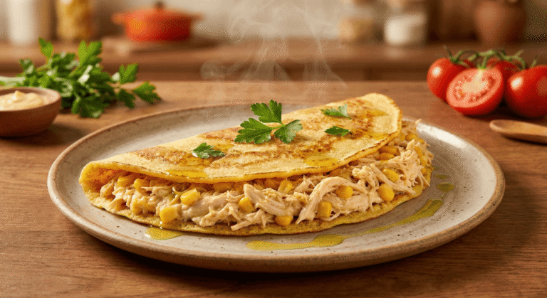 Prato com crepioca turbinada recheada com frango cremoso e ervas, pronta para o jantar.