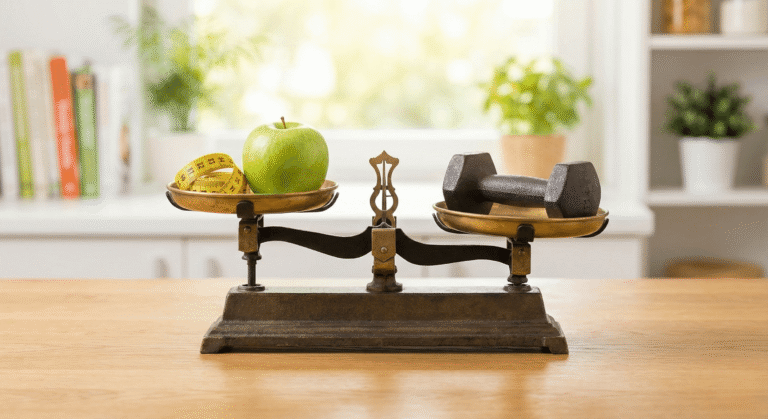 Balança de pratos equilibrando uma maçã e um peso de academia, ilustrando o conceito de déficit calórico.