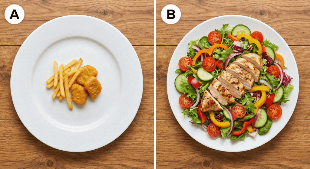 Comparação visual de volume de comida: prato cheio de salada versus prato vazio com fast food.