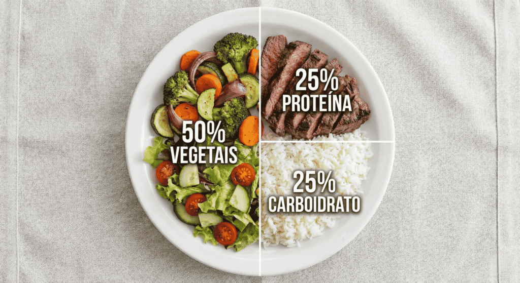 Close-up mostrando a divisão das porções de vegetais, carboidratos e proteínas em um prato saudável.