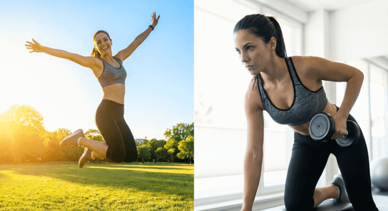 Conceito visual comparando a euforia da motivação com o foco sério da disciplina nos treinos.