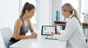 Mulher fitness em consulta médica analisando exames de sangue antes da dieta no tablet com a doutora.