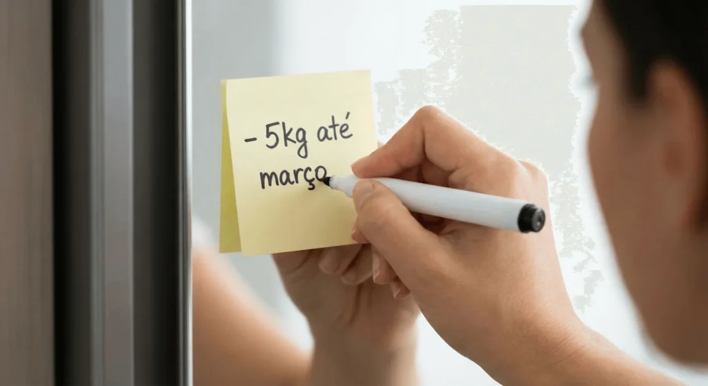Mão escrevendo uma meta específica com prazo em um post-it colado no espelho.