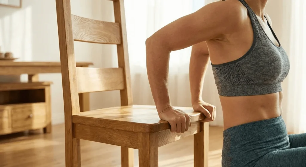 Detalhe de pessoa fazendo exercício de tríceps mergulho apoiada em uma cadeira firme.