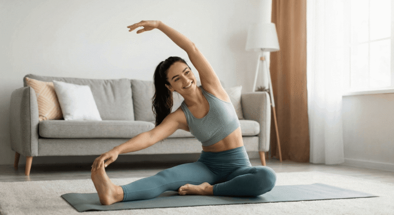 Mulher fazendo exercícios de mobilidade para iniciantes na sala de casa, sorrindo e alongando.