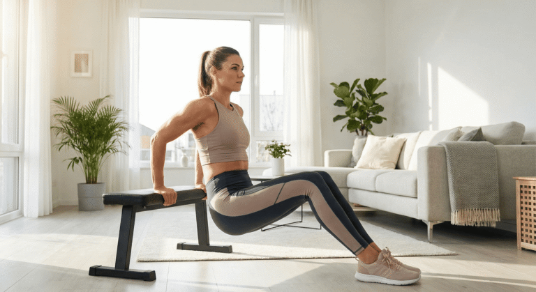 Mulher fazendo exercício de mergulho no banco para tríceps em casa.