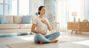 Mulher praticando exercícios de respiração para ansiedade sentada em um tapete de yoga.