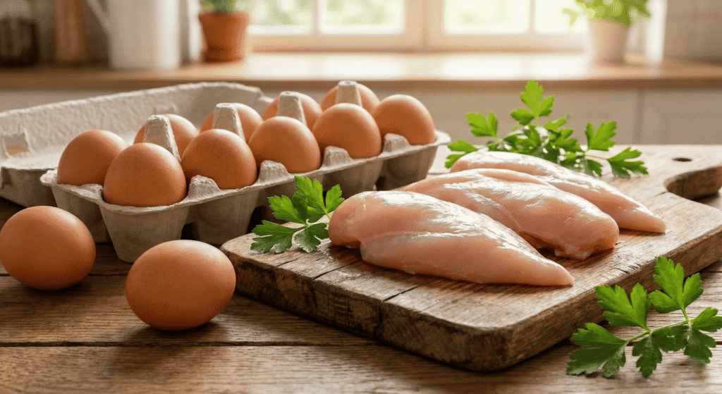 Ovos e peito de frango sobre tábua de madeira, fontes de proteína barata.