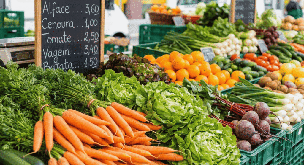Banca de feira com frutas e legumes da estação frescos e coloridos.