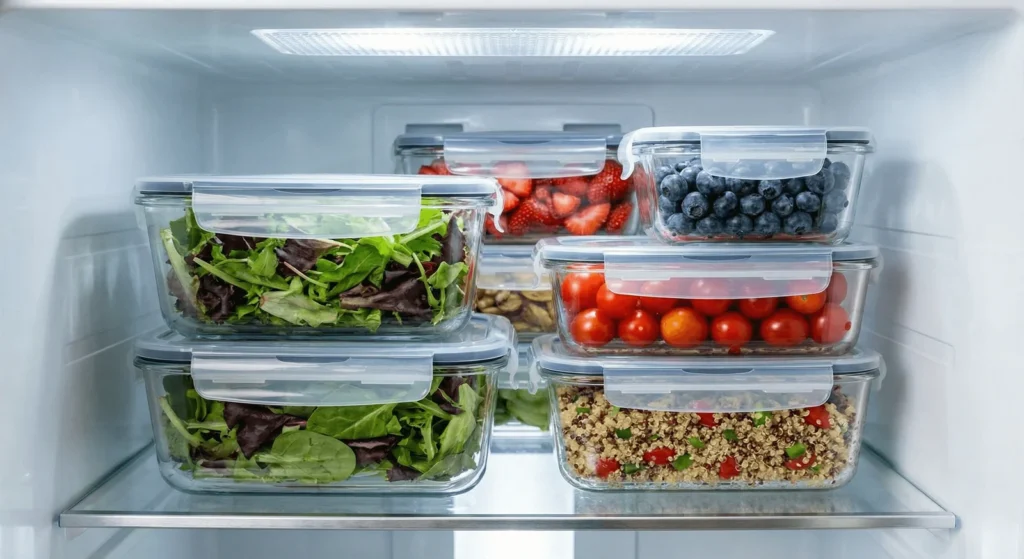 Geladeira organizada com potes de vidro contendo saladas e frutas frescas picadas para a semana.
