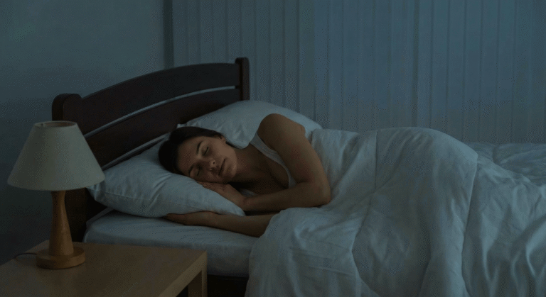 Mulher dormindo profundamente em um quarto escuro e confortável praticando higiene do sono.