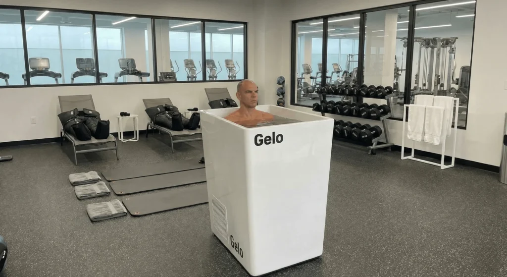 Homem careca com expressão séria submerso em uma banheira de gelo branca da marca Gelo, localizada na área de recuperação moderna de uma academia.