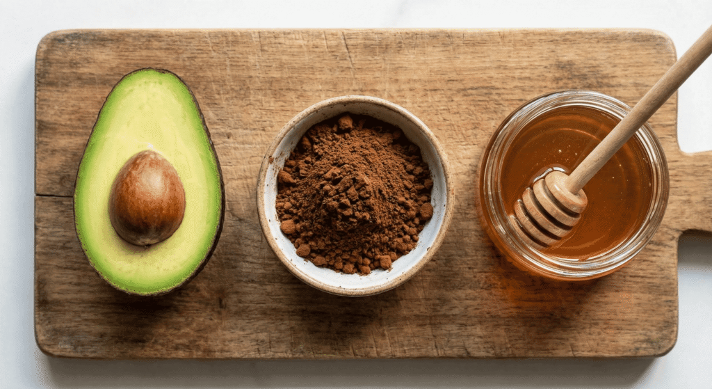 Ingredientes do mousse fit: abacate maduro, cacau em pó e adoçante natural.