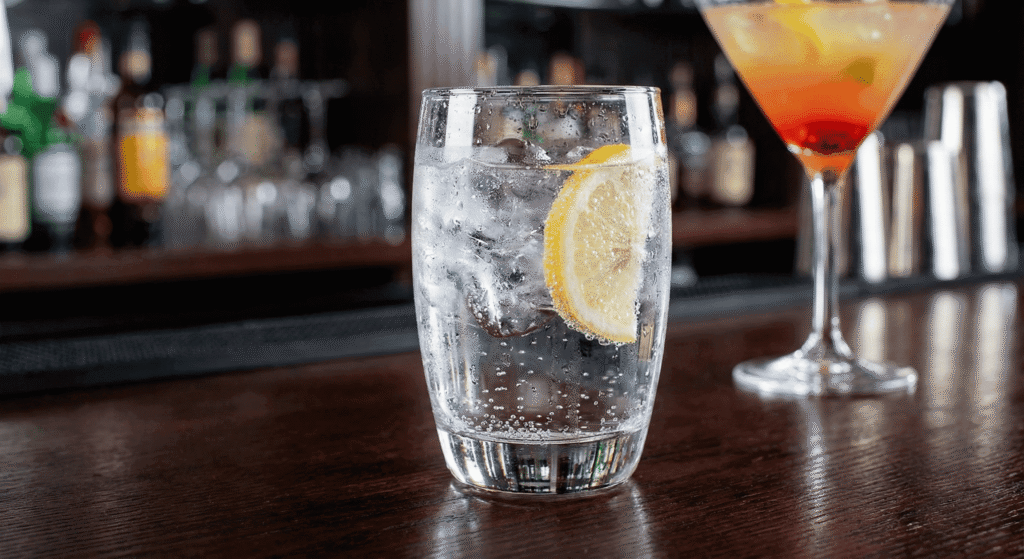 Copo de água com gás e limão ao lado de um drink alcoólico para intercalar.