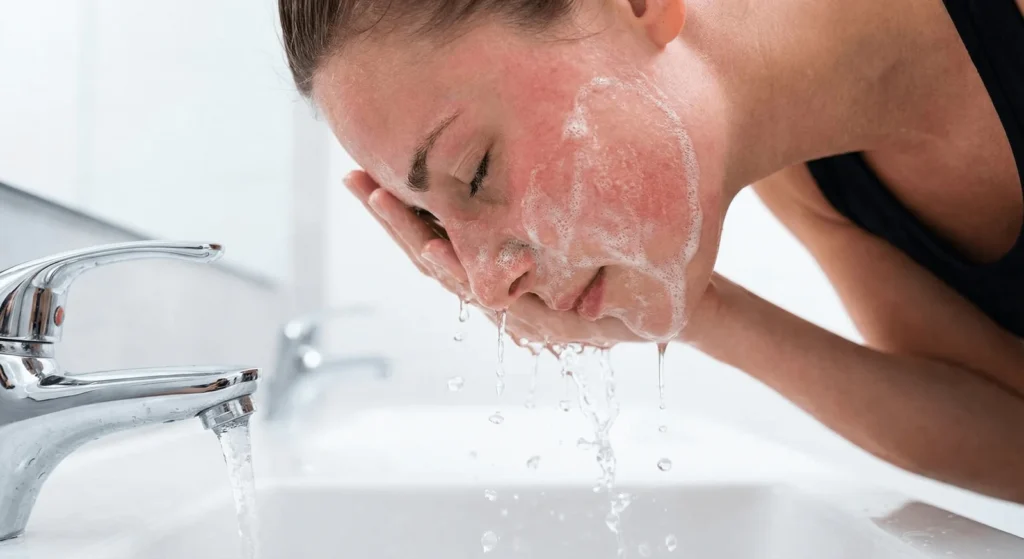 Pessoa lavando o rosto com água e sabonete facial após exercício físico.