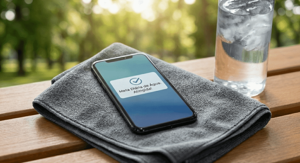 Celular com notificação de meta de água batida ao lado de uma garrafa de água.