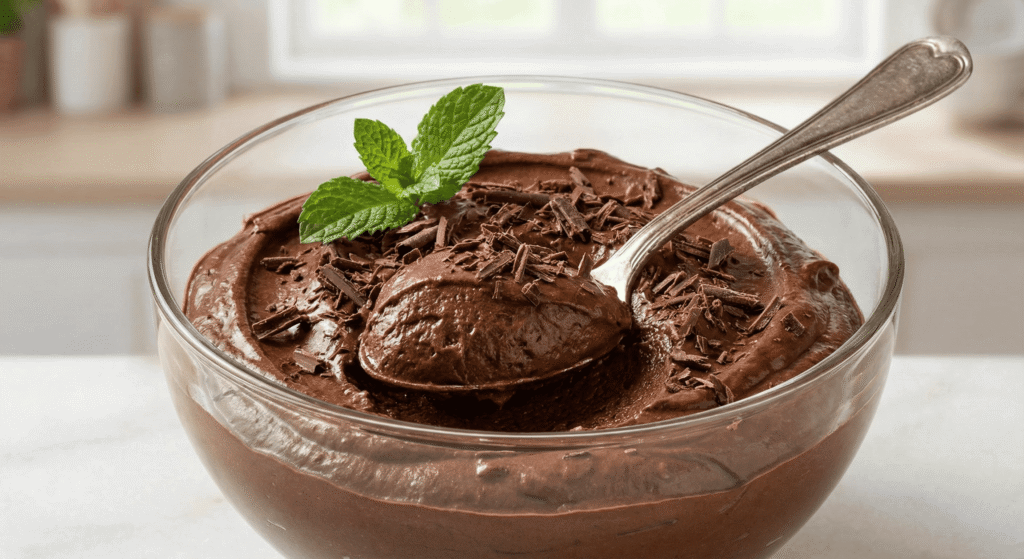 Taça com mousse de chocolate saudável cremoso feito de abacate e cacau.