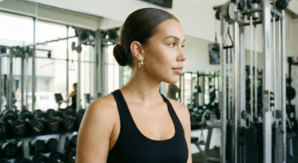 Perfil lateral de uma mulher com coque na academia, olhando pela janela. Ela usa regata preta e argolas douradas.