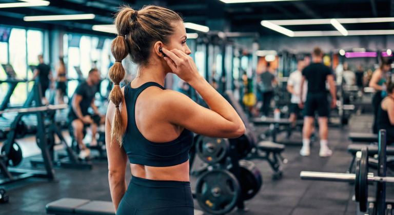 Mulher na academia usando penteado rabo de cavalo bolha (bubble ponytail) para treinar.