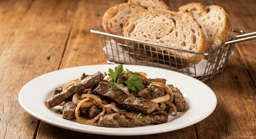 Prato de iscas de carne acebolada e pão de fermentação natural como opção de petisco proteico saudável no bar.