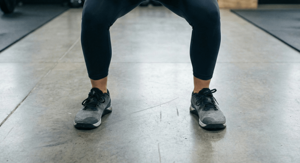 Close-up dos pés e joelhos alinhados corretamente durante o agachamento, evitando o valgo dinâmico.